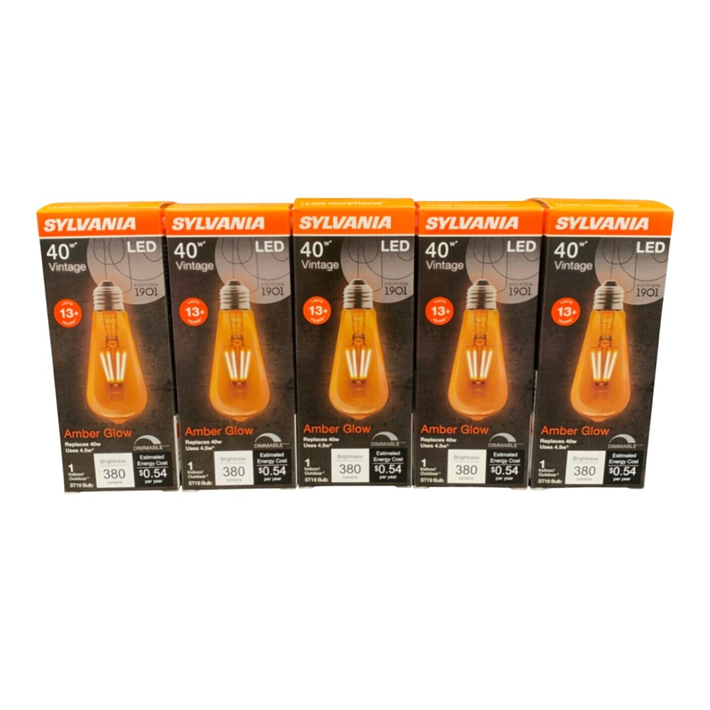 Sylvania 5 Pack Vintage LED 40W Amber Glow ST19 Dimmable Bulbs 1901 Edition